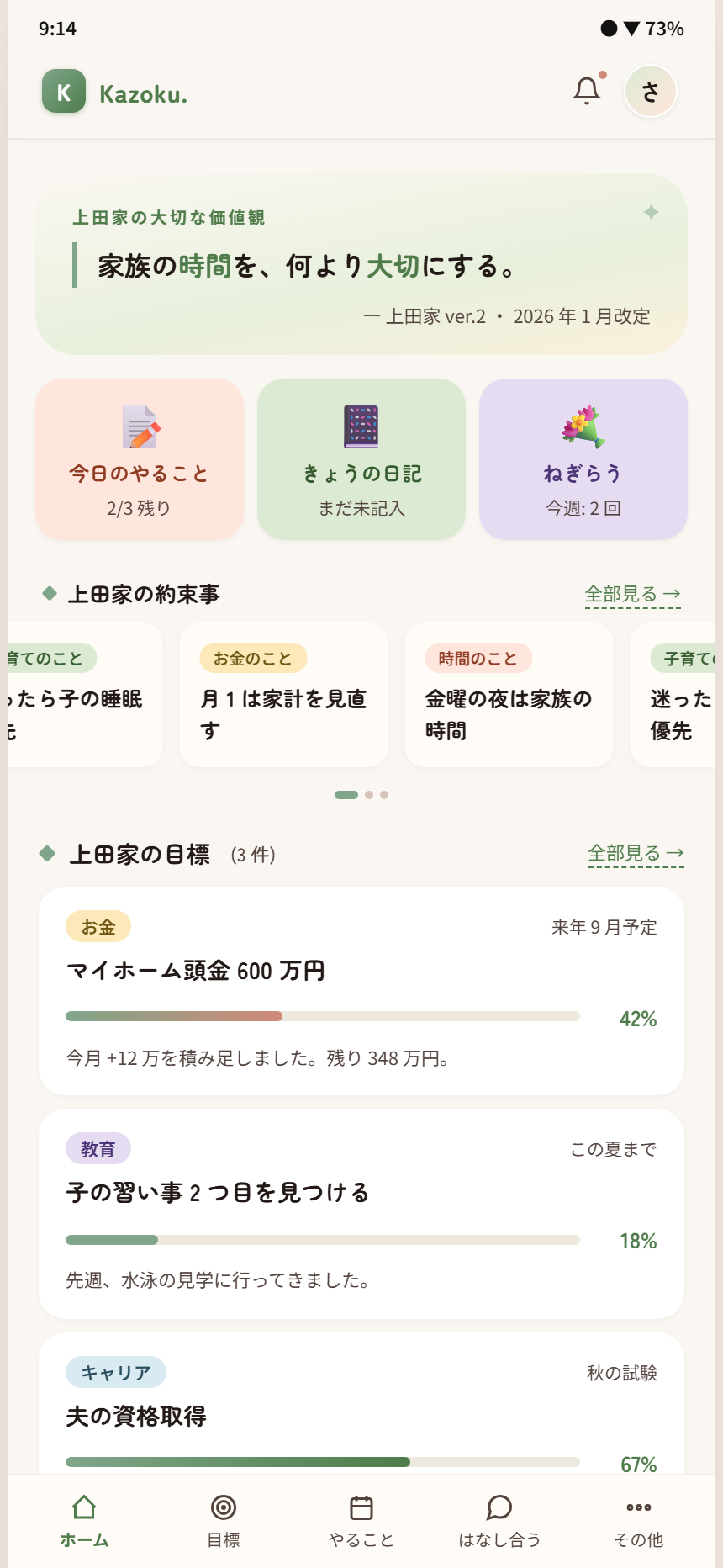 Kazoku. のホーム画面 — 大切な価値観・約束事・目標進捗